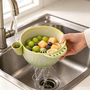 May include: A light green ceramic colander bowl with a side spout and a handle featuring multiple drainage holes. The bowl is filled with green grapes, cubed cantaloupe, blueberries, and lemon slices, with water flowing from a faucet into the spout.