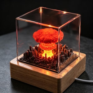 May include: A square clear acrylic display case containing a miniature dark gray city model with a glowing orange and red mushroom cloud sculpture in the center, all mounted on a light-colored wooden base with a power cord extending from the side.