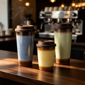 Könnte beinhalten: Drei Reisebecher aus Keramik mit dunkelbraunen Deckeln und gesprenkelten Glasuroberflächen in Blau, Gelb und Hellgrün. Die Becher haben ein Farbverlaufsdesign mit dunkleren Brauntönen an den oberen und unteren Rändern.