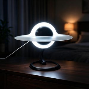 May include: A table lamp featuring a central black sphere surrounded by a glowing white ring that resembles a planet with rings. The lamp is supported by a curved black stand attached to a circular base and includes a white power cord.