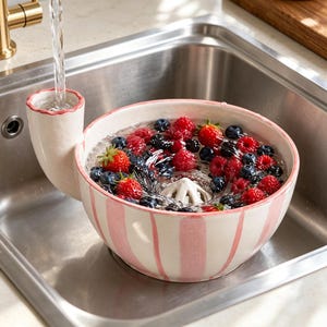 Könnte beinhalten: Ein weißes Beeren-Sieb aus Keramik mit vertikalen rosa Streifen und einem seitlichen Ausguss für den Wasserzulauf. Die Schüssel ist mit Wasser sowie einer Mischung aus frischen roten Erdbeeren und blauen Heidelbeeren gefüllt.