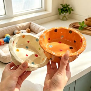 Peut inclure: Deux bols ronds en céramique avec des bords festonnés et un motif à pois. Un bol est de couleur crème avec des pois orange, rouges et bleus, tandis que l'autre est orange vif avec des pois marron foncé, rouges et bleu clair à l'intérieur.