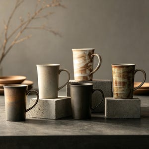 Può includere: Una collezione di cinque tazze in ceramica con finiture varie, tra cui grigio opaco tinta unita, beige maculato e motivi a pennellate in marrone, bianco e verde. Ogni tazza presenta un manico curvo ed è posizionata su un blocco di cemento grigio.
