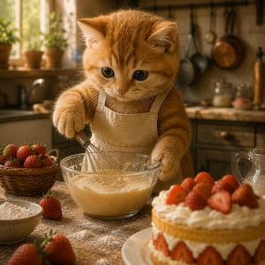 Kitten Baking Wall Art Print | Cute Cat Chef Kitchen Decor | Strawberry Cake Printable | Digital Download | Gift for Baker