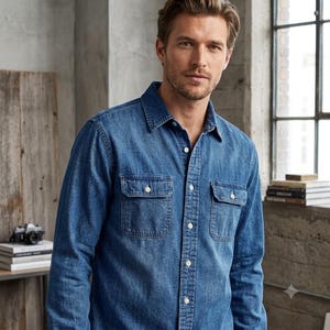 May include: A long-sleeve denim shirt in a medium blue wash featuring a classic collar, a button-down front, and two chest pockets with buttoned flaps. The shirt is constructed with visible stitching along the placket, pockets, and seams.