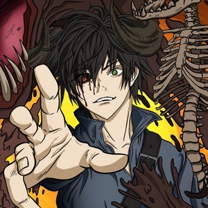 May include: A young man with black hair and horns stands in front of a swirling orange background. He has one green eye and one red eye, and a bloody streak runs down his face. He is surrounded by three monstrous creatures: a skeletal dog, a brown creature with sharp teeth, and a large, gaping maw with rows of teeth.