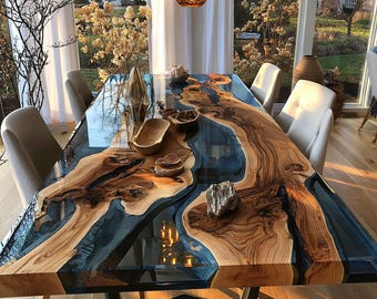 Handmade Walnut Epoxy River Dining Table, Live Edge Wood Furniture