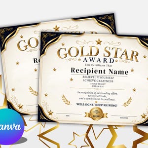 Gold Star Award Certificate Template , Printable Kids Award & School Recognition
