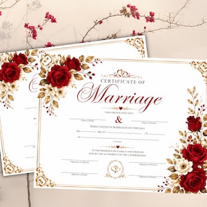 Pode incluir: Um modelo de certidão de casamento com rosas vermelho-escuras e bordas de filigrana dourada. O texto diz Certificate of Marriage, com linhas em branco para nomes, datas e assinaturas. O design inclui dois ícones de corações dourados.
