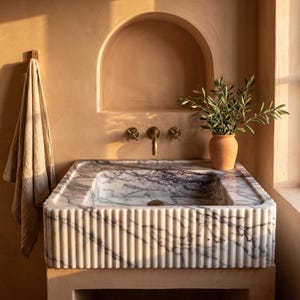 Calacatta Viola Marble Sink, Fluted Vessel Basin, Natural Stone Bathroom Washbasin, Handmade Purple Veined Marble, Custom Sizes