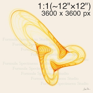 May include: A digital abstract art print featuring a complex orange and yellow line pattern on a cream background. The text 1:1 (~12"x12") 3600 x 3600 px appears at the top, with Formula Specimens Studio repeated and Jun Jii at the bottom.