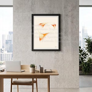 May include: A framed wall art print featuring an abstract orange and yellow linear design on a cream background. The artwork is enclosed in a thin black frame and displays the text Formula Specimens Studio repeatedly across the surface.