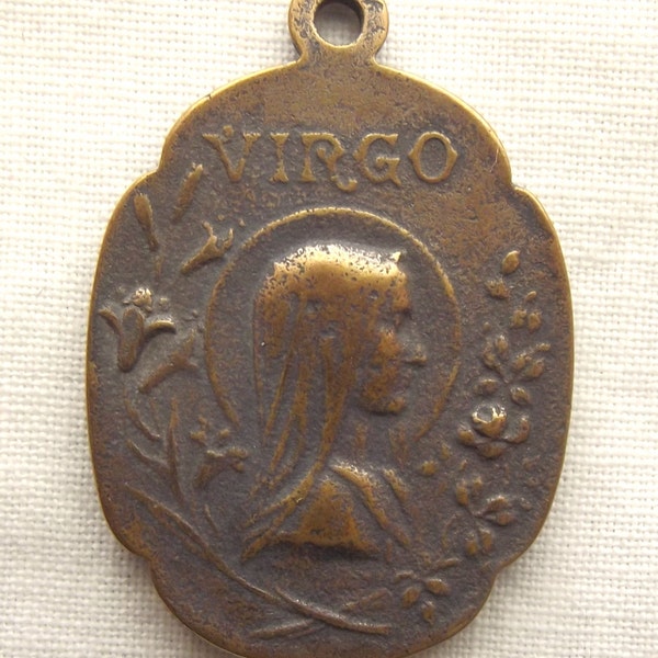 Bronze Virgin Mary Medal with Our Lady of Lourdes on back with Popes