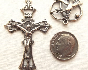 Sterling Rosary Set with Open Scroll Crucifix and Holy Spirit Centerpiece