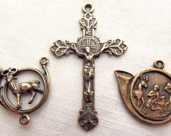 St. Hubert Patron Saint Hunters Conversion Deer Buck Stag Rosary Medal Set