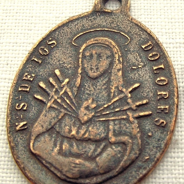 Bronze Our Lady of Sorrows w Crucifix Medal, 7 Sorrows, Seven Sorrows, Mater Dolorosa