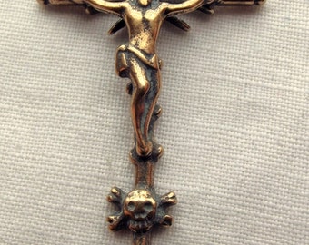 Bronze Crucifix, Skull & Crossbones, Europe, 18C - 2 3/8" 851