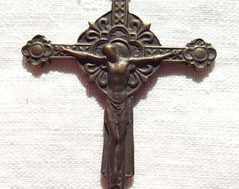 Bronze Renaissance Double Sided Crucifix w Our Lady of Mt Mount Carmel