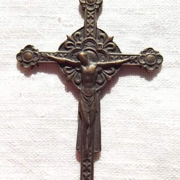 Bronze Renaissance Double Sided Crucifix w Our Lady of Mt Mount Carmel