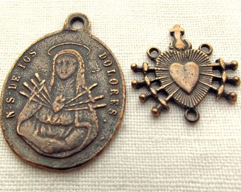 Bronze Our Lady of Sorrows w Crucifix Medal & Seven Sorrows Centerpiece, 7 Sorrows, Mater Dolorosa