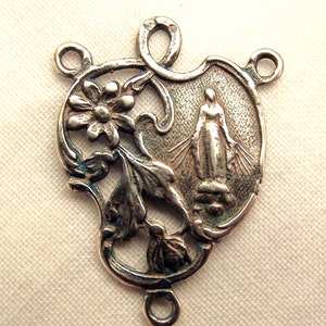 Sterling Bronze Wundertätige Medaille Rosenkranz Herzstück Mitte mit Blumen