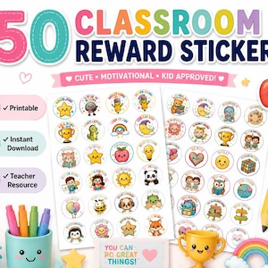 Puede incluir: Un conjunto de 50 pegatinas de recompensa para el aula con ilustraciones coloridas de animales, comida y objetos con textos motivadores. El diseño incluye iconos de imprimible, descarga instantánea y recurso para profesores, junto a un lápiz y un trofeo.