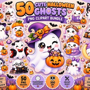 May include: A digital collection of 50 cute Halloween ghost illustrations featuring various characters with pumpkins, witch hats, books, and treats. The text reads 50 CUTE HALLOWEEN GHOSTS PNG CLIPART BUNDLE, SPOOKY CUTE SEASON, and GOOD GHOSTS ONLY.
