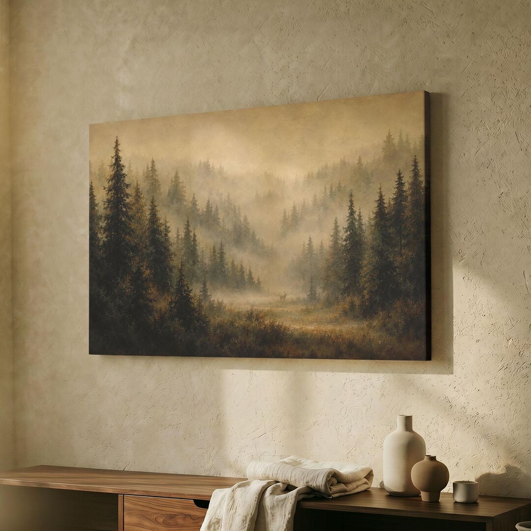 Misty Forest Deer Canvas Print, Foggy Pine Woods Wall Art, Moody ...