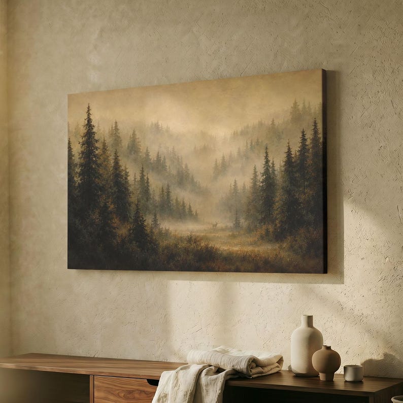 Misty Forest Deer Canvas Print, Foggy Pine Woods Wall Art, Moody ...