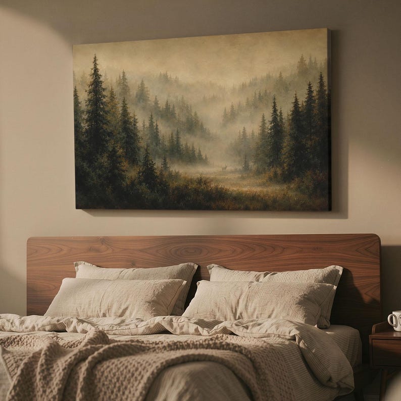 Misty Forest Deer Canvas Print, Foggy Pine Woods Wall Art, Moody ...