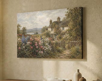 English Cottage Garden Canvas Print, Cottagecore Wall Art, Country Floral Landscape, Rustic Botanical Decor, Vintage Countryside Home Art