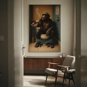 May include: A framed wall art print depicting a chimpanzee sitting on a toilet, wearing sunglasses and smoking a cigar. The chimpanzee has one hand extended forward. A sign on the teal wall reads OUT OF TOILET PAPER. The scene is set in a bathroom.