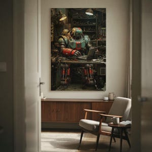 Retro Robot In Workshop Canvas Print, Industrial Sci Fi Wall Art, Dieselpunk Mech Tech Decor, Funny Programmer Gift, Nerd Man Cave Decor