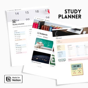 Peut inclure: Un modèle de planificateur d'études numérique pour Notion comprenant un emploi du temps hebdomadaire, un suivi des matières avec des images d'un agneau et de l'espace, une liste de tâches et un minuteur. Le texte inclut Study Planner et Subjects.