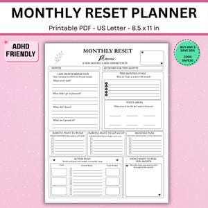 Puede incluir: Un planificador mensual imprimible en PDF en una página de 21,59 x 27,94 cm. El documento incluye secciones para reflexión, objetivos, áreas de enfoque, hábitos, planificación mensual, planes de acción y estados de ánimo en negro.