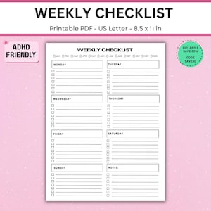 Puede incluir: Una lista de control semanal en formato PDF imprimible de 8,5 por 11 pulgadas. El diseño presenta un encabezado con los meses, seguido de secciones diarias de lunes a domingo, cada una con casillas de verificación y líneas para tareas.