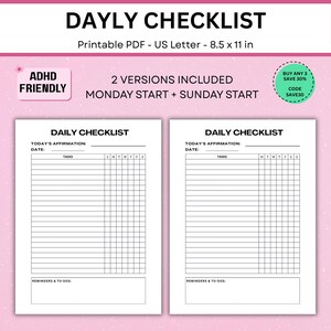 Puede incluir: Una lista de verificación diaria en PDF imprimible sobre un fondo rosa. El documento incluye dos versiones, una que comienza el lunes y otra el domingo, con medidas de 21,59 x 27,94 cm. Cada página contiene secciones para tareas y recordatorios.