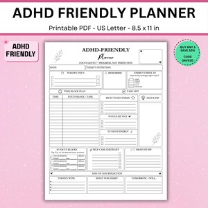 Puede incluir: Una página de planificador imprimible en blanco y negro para TDAH en papel de 21,59 x 27,94 cm. El diseño incluye secciones para fecha, intenciones, tareas principales, bloques de tiempo, nivel de energía, listas de tareas y reflexiones.