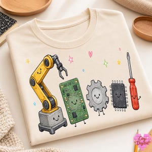May include: A cream-colored t-shirt featuring a graphic print of a yellow robotic arm, a green circuit board, a grey gear, a black microchip, and a red screwdriver, all with smiling faces, surrounded by small colorful stars and a heart.
