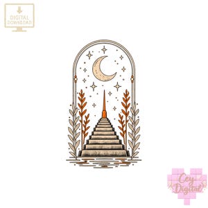 May include: A digital illustration featuring a central staircase leading to a spire, framed by an archway with a crescent moon and stars above. Flanking the stairs are stylized orange and beige leafy branches, all set against a white background.