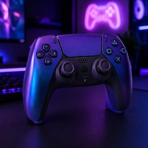 Può includere: Un controller per videogiochi wireless caratterizzato da una finitura iridescente che cambia colore passando da tonalità viola a blu. Il dispositivo include levette analogiche nere, un pad direzionale, pulsanti azione e un logo PlayStation centrale.