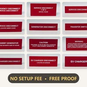 May include: A collection of twelve rectangular red electrical safety labels with white text, including labels for emergency disconnect, service disconnect, generator disconnect, transfer switch, standby generator, caution, warning, and EV charger.