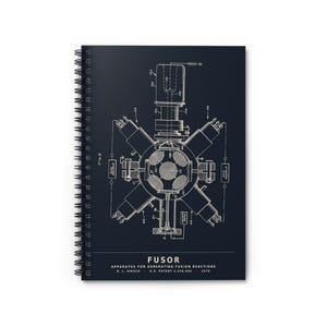 Può includere: Un taccuino a spirale blu scuro con un'illustrazione tecnica di brevetto bianca di un apparato Fusor per generare reazioni di fusione. La copertina include il testo FUSOR, APPARATUS FOR GENERATING FUSION REACTIONS, R. L. HIRSCH, U.S. PATENT 3,530,036, 1970.