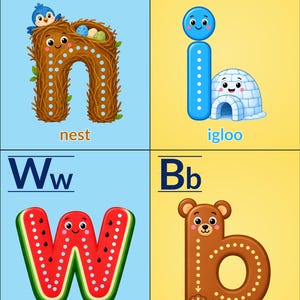 May include: An educational alphabet poster featuring four letters: N for nest with a blue bird, I for igloo with a blue character, W for watermelon with a red fruit design, and B for bear with a brown bear character. Each letter includes dotted lines.