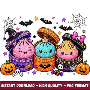 May include: A digital illustration featuring three glittery, smiling dumpling characters inside round gift boxes. The scene includes Halloween elements like pumpkins, bats, spiderwebs, a witch hat, a skull, and stars. Text reads: INSTANT DOWNLOAD - HIGH QUALITY - PNG FORMAT.