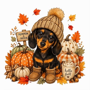 May include: A black and tan dachshund puppy wearing a tan knit beanie with a pom-pom and tan boots, surrounded by pumpkins, autumn leaves, a wooden sign reading PUMPKIN PATCH, and a mug with whipped cream and the text hello fall.