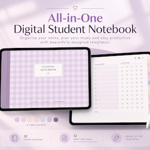 May include: Two tablets displaying an all-in-one digital student notebook with a purple gingham cover. The interface features 12 main sections, sub-sections labeled A through E, and a side navigation bar with colorful tabs. A stylus is included.