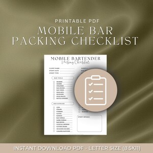 May include: A printable PDF mobile bar packing checklist on letter size 8.5x11 paper. The document features sections for client information, bar tools, bar supplies, and event details, accompanied by a circular icon with a clipboard graphic.