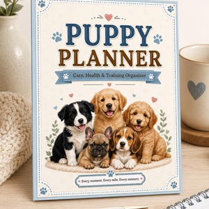 May include: A rectangular puppy planner with a cream background and a light blue border. The cover features the text "PUPPY PLANNER" and "Care, Health & Training Organizer" with five puppies and the phrase "Every moment. Every mile. Every memory."