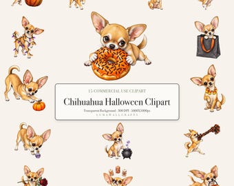 Halloween Dog Tumbler Wrap Design 15 PNG, Chihuahua Sublimation Clipart, Candy Pumpkin Witchy Watercolor, Commercial Use